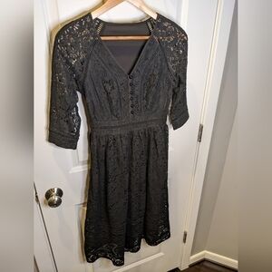 METISU Black Lace Midi Dress VNeck 3/4 Sleeve Size Small